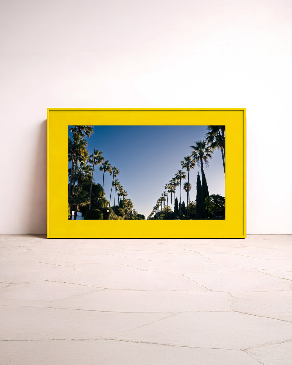 Opportunities – colourful fine art photography by Noëlle Nijhuis for NOË NÍ, a large-scale luxury framed wall art piece with palm trees and soft morning light, creating a sunny holiday atmosphere