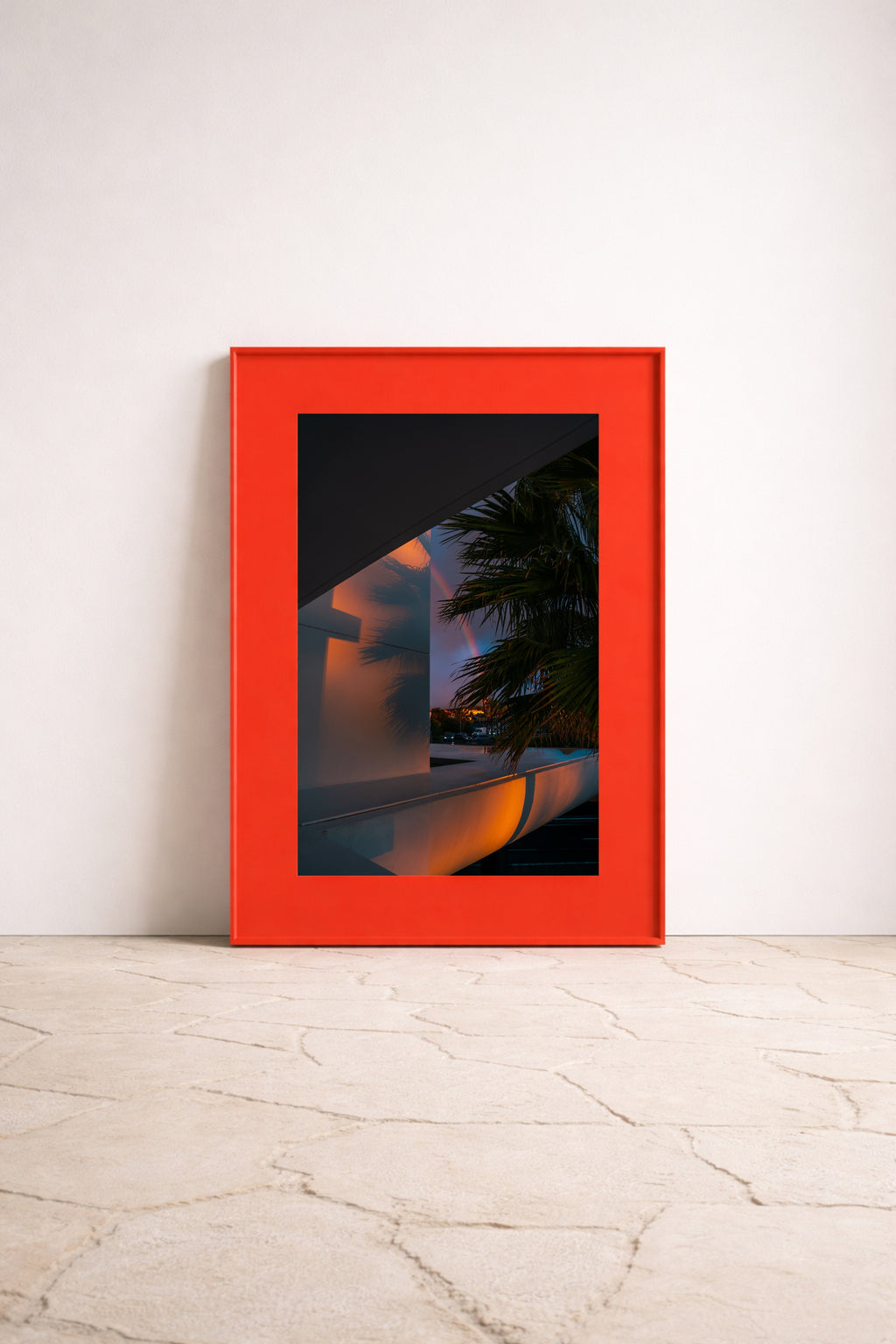 Sunrise Spectrum – colourful fine art photography by Noëlle Nijhuis for NOË NÍ, a large-scale luxury framed wall art piece with a vivid sunrise, palm tree silhouette and abstract composition